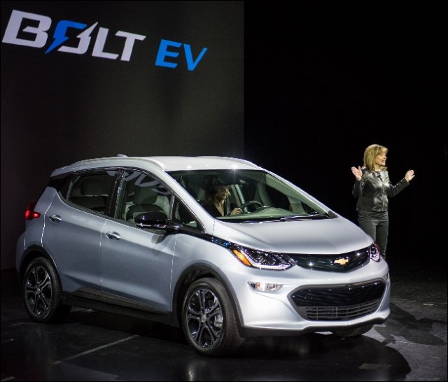 General Motors Chairman and CEO Mary Barra introduces the 2017 Chevrolet Bolt EV at its world debut during the Consumer Electronics Show Wednesday, January 6, 2016 in Las Vegas, Nevada. The Bolt EV offers more than 200 miles of range on a full charge at a price below $30,000 after Federal tax credits. The Bolt EV features advanced connectivity technologies and seamless integration. The Bolt EV will begin production by the end of 2016. (Photo by Steve Fecht for Chevrolet)