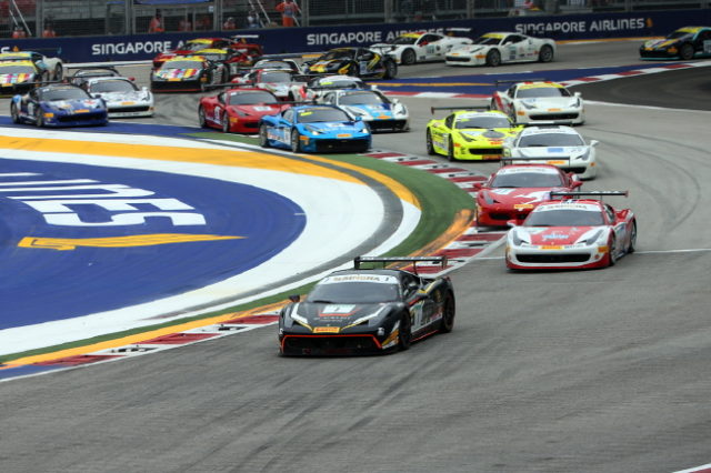 Florian Merckx (BEL) leads at the start of the race at Ferrari Challenge Asia Pacific, Marina Bay Street Circuit, Singapore, 16-18 September 2016.