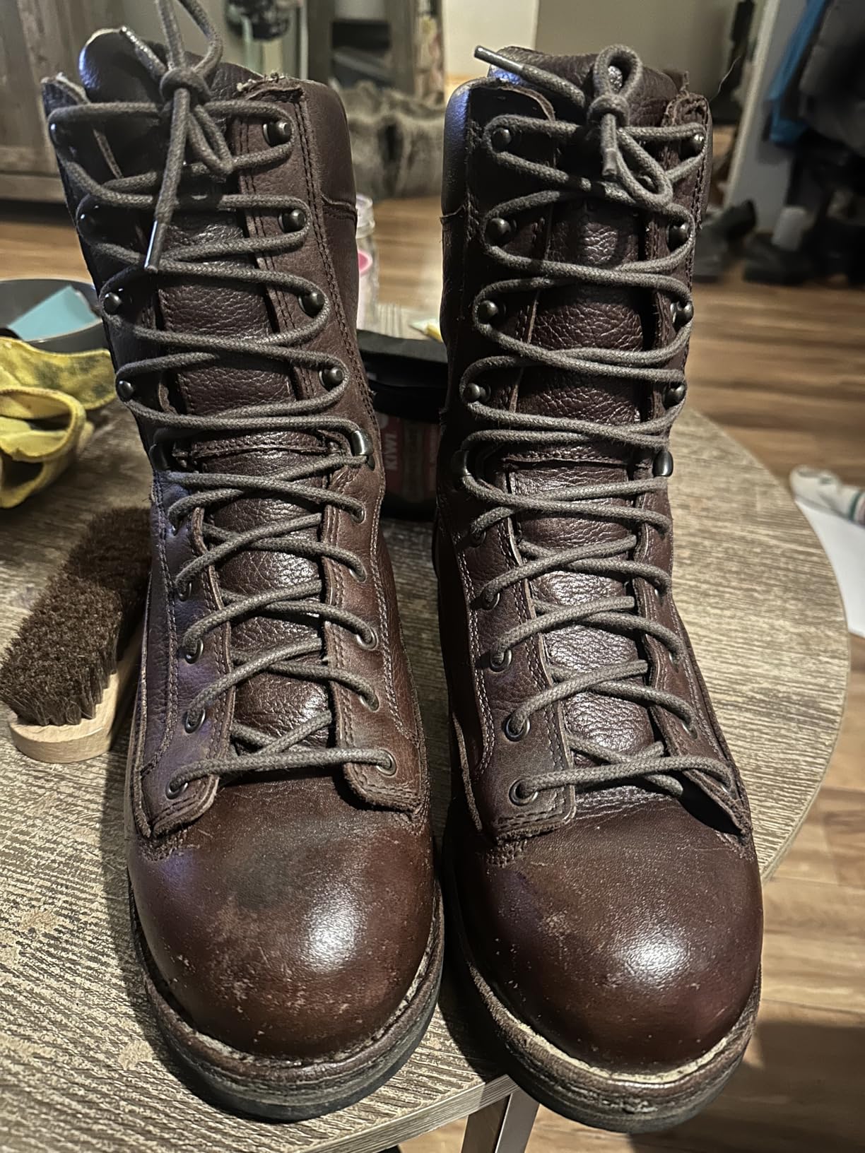 Close-up of treated leather shoes